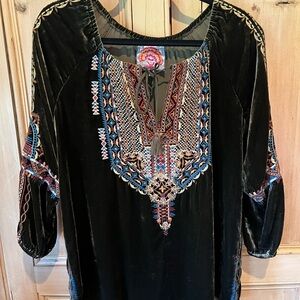 Johnny Was Brown Velvet Blouse with Colorful Embroidery